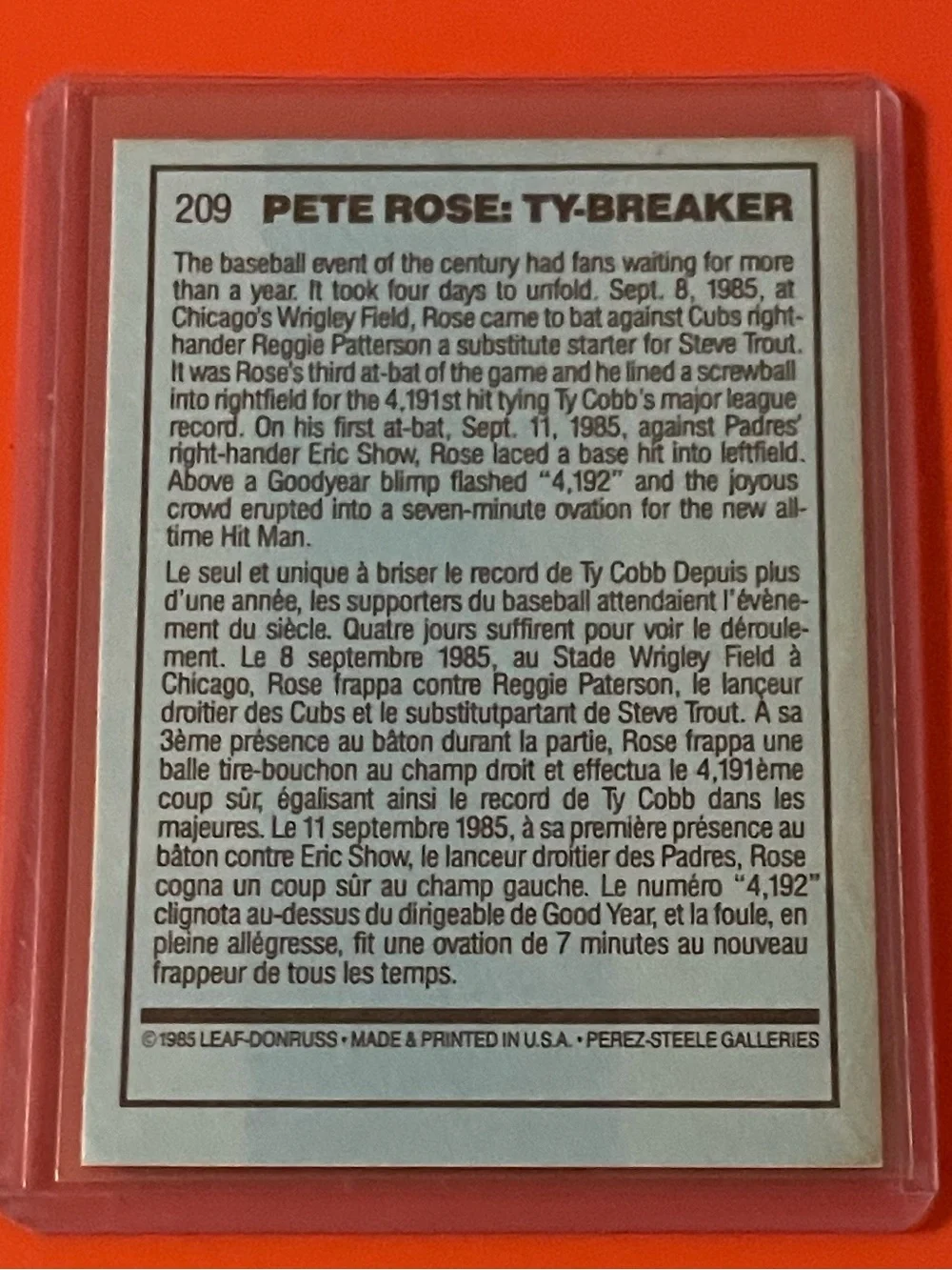 Pete Rose: Ty Breaking Hit #209 1986 Leaf Baseball Trading Card